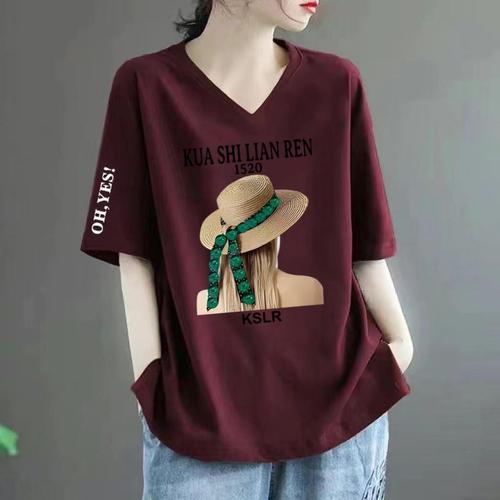 Clearance Short Sleeve Women's T-shirt V-neck Summer Loose Plus Size Mom Slimming Round Neck Printed 100% Cotton Top