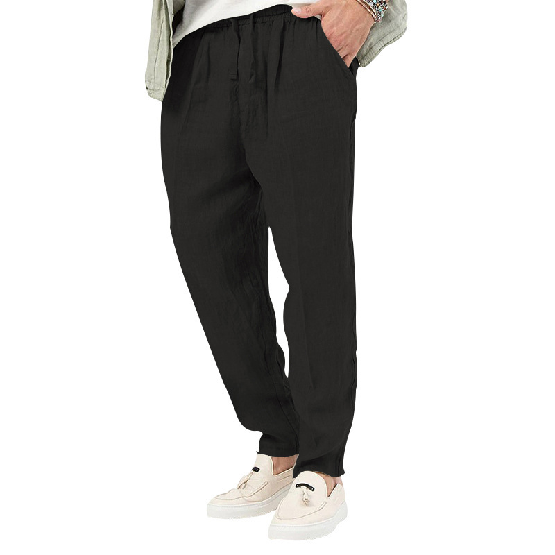 2024 Summer New Thin Men's Fashion Large Solid Casual Drawstring Cotton Hemp Pants_voghion.com