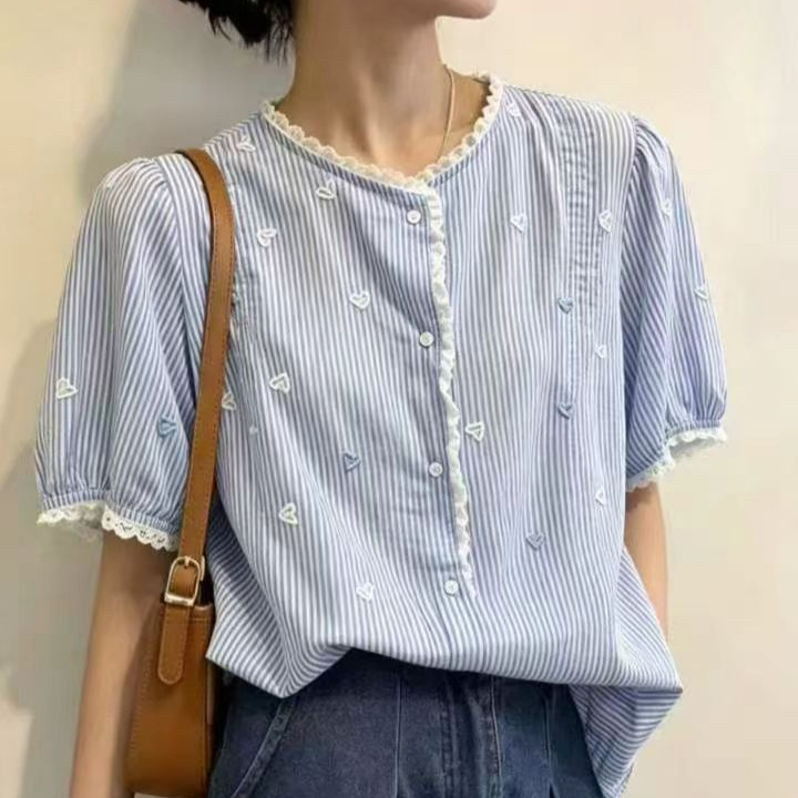 Striped Embroidered Heart Lace Patchwork Short-Sleeve Shirt 2026 Japanese Mori Girl Style Round Neck Youthful Versatile Top for Women