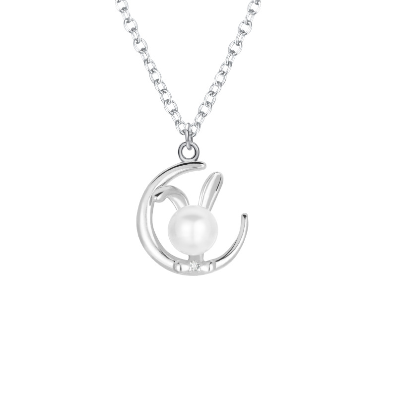 S925 plata esterlina perla Luna conejo collar femenino nicho diseño nuevo zodiaco conejo colgante cadena clavícula