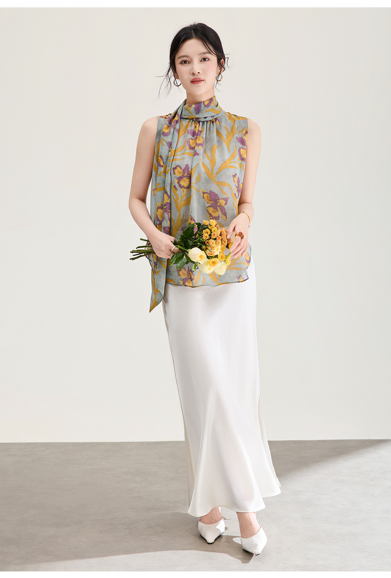Áo hai dây nữ chất liệu chiffon in hoa, phối dây lụa, phong cách thanh lịch mùa hè — màu xám chi tiết 21