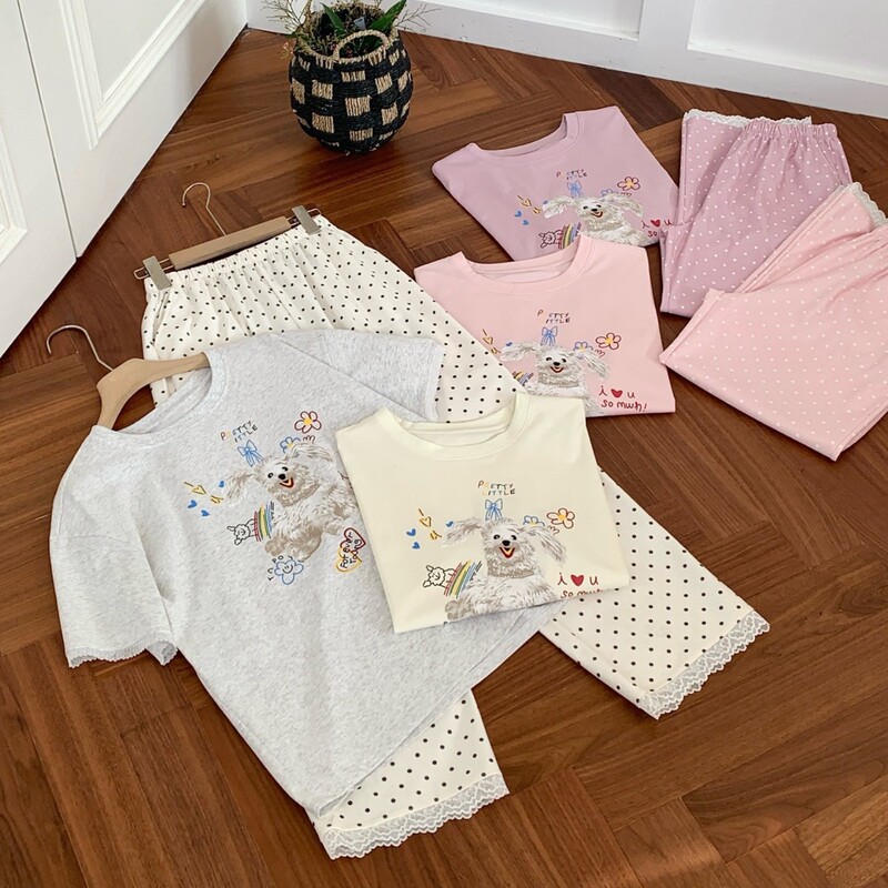 Msusu Cotton Polka Dot Playful Dog Set Casual Loose Short-Sleeve Long Pants Sweet Lace Trim Cartoon Pajamas Msusu Cotton Polka Dot Playful Dog Set Casual Loose Short-Sleeve Long Pants Sweet Lace Trim Cartoon Pajamas