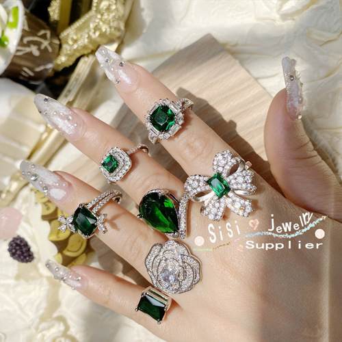 Sisi vintage malachite emerald ring 18K plated multi-faceted emerald zircon drop flower live mouth ring