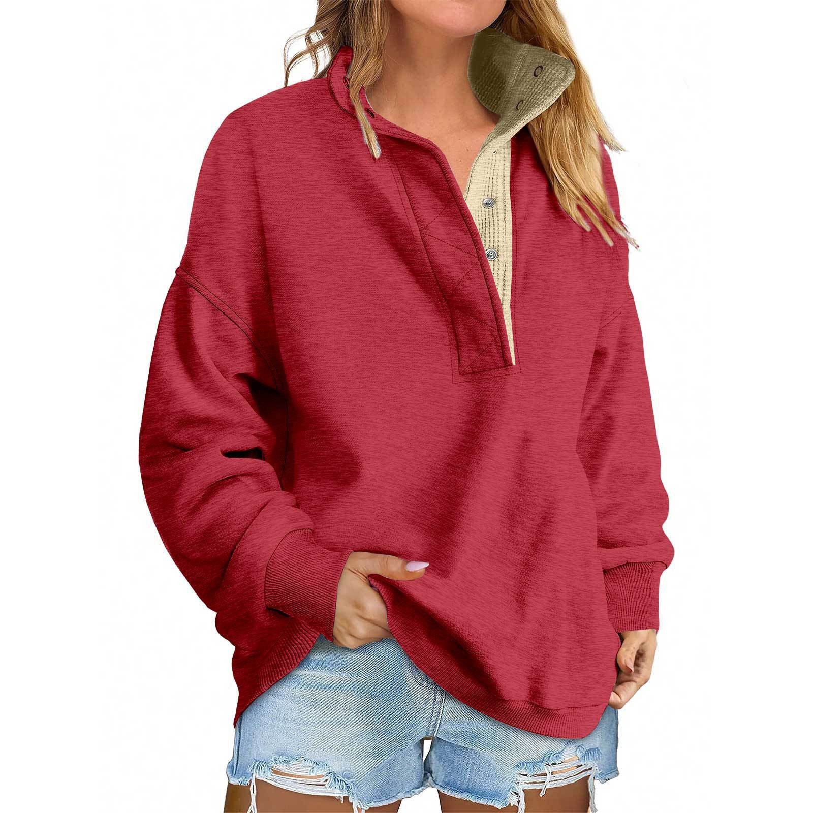 2025 Autumn and Winter Cross-Border Women's Clothing European and American Amazon Export Pure Color New Pullover Casual Loose Button Sweatshirt