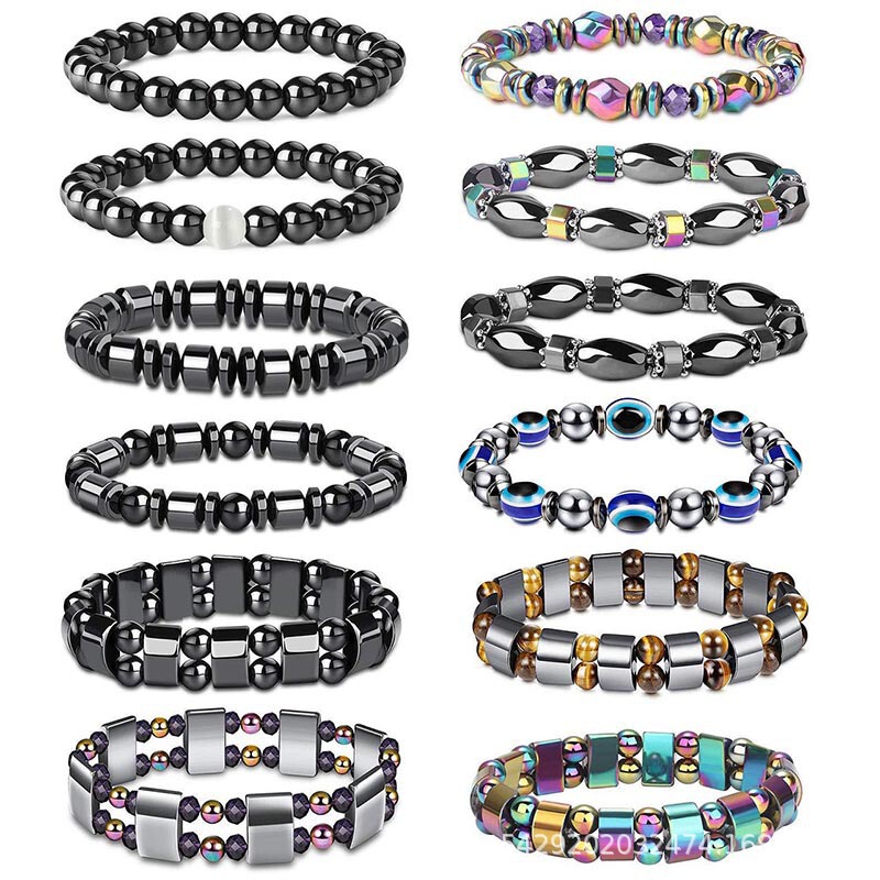 Cross-border European and American Weight Loss Round Black Stone Magnetic Therapy Bracelet Health Care Magnetic Hematite Elastic Bracelet