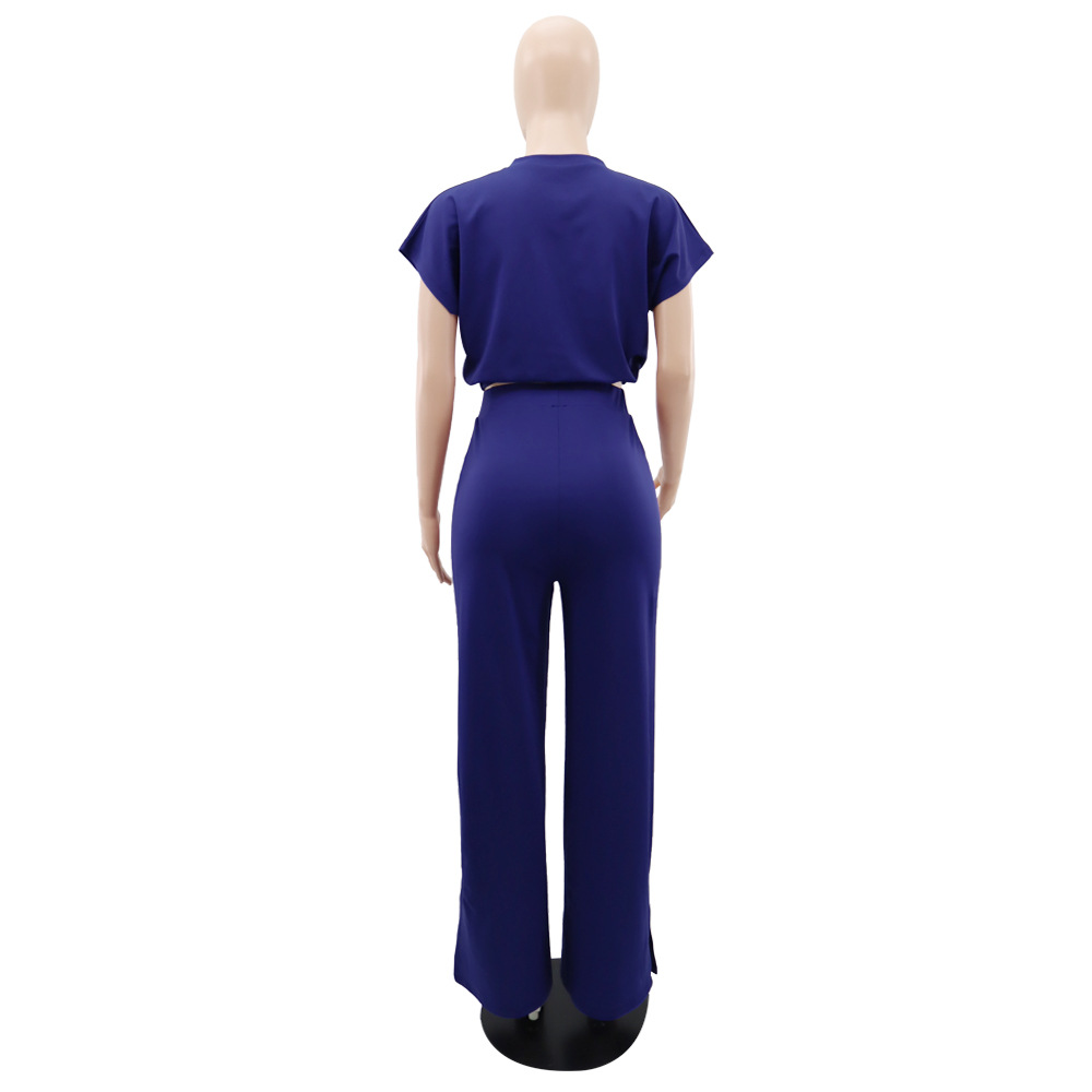 Summer Drawstring Short Top High Waist Slit Women Trousers Two Piece Suit