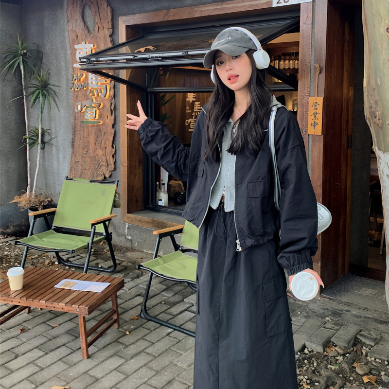 夹克外套抽绳半身裙两件套女秋户外休闲运动美式复古短款工装套装|undefined