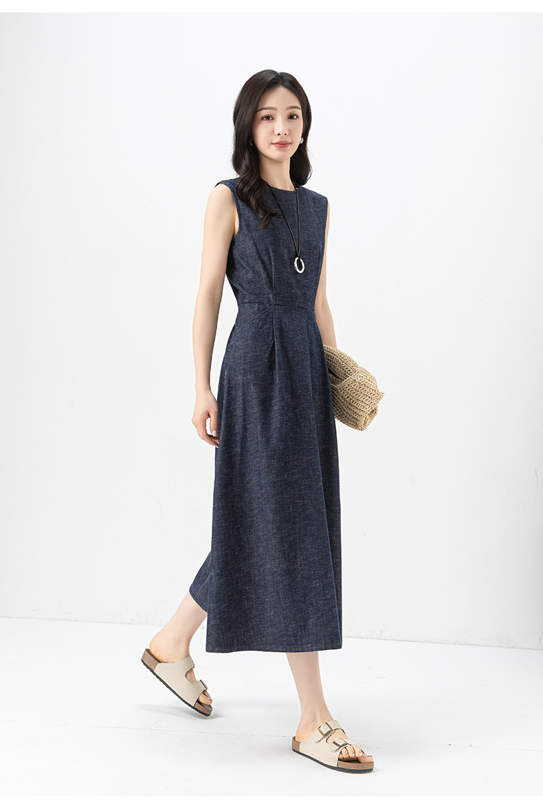 Đầm denim nữ không tay cổ tròn thắt eo dáng midi — Xanh da trờicolor chi tiết 9