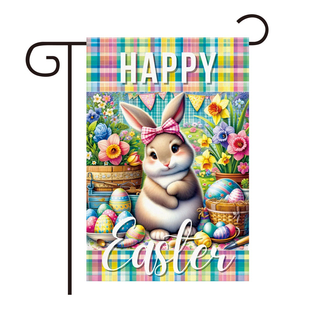 Pascua transfronteriza patio decoración bandera de jardín conejo colorido lino doble cara bandera de jardín del día del conejo