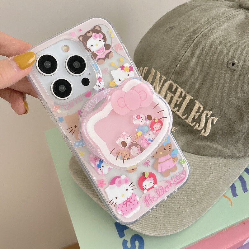 iPhone15pro Cute Pink KT Cat Rocking Music Rocking Music Bracket Mobile Phone Case Magnetic Suction Suitable for Apple