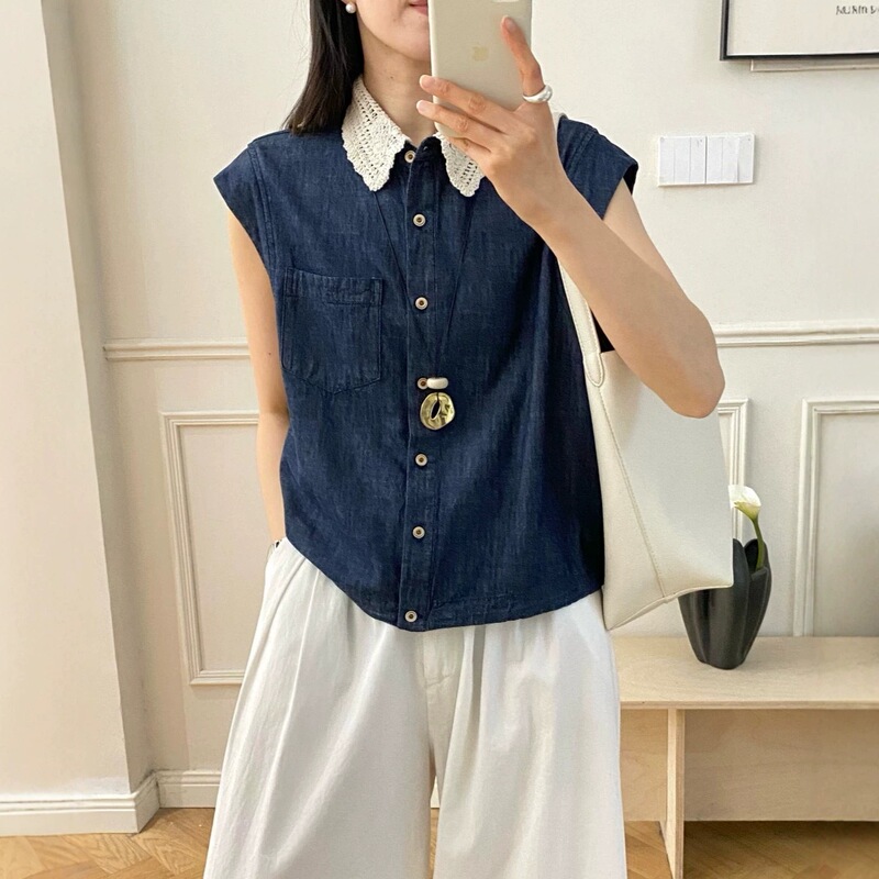 1333 Design-Inspired Lace-Trimmed Denim Single-Breasted Blouse for Women, 2026 Summer New Fashion Shirt Top