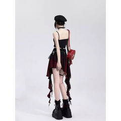 11SH97 チェック柄スカート女性のための春ニッチデザインレースステッチ不規則なホットガールショートスカート