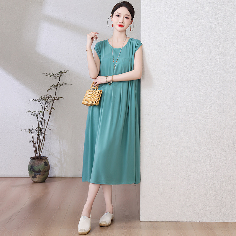 お母さんの綿のシルクのワンピースの半袖の中で老年の夏服の大きいサイズの婦人服は太ってゆったりしている人工綿のスカートの女性をプラスします。|undefined