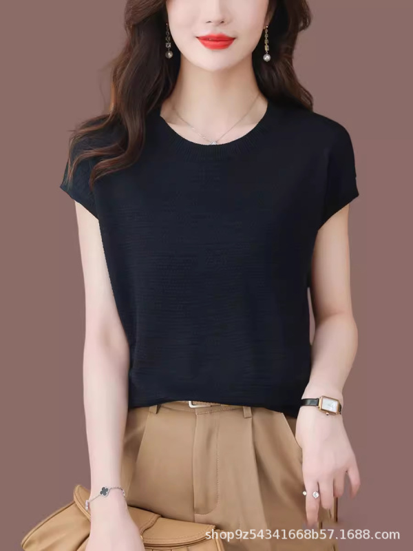 ママの夏のニットウェアレディースTシャツ半袖夏薄手のニットウェア高級アイスシルクトップ|undefined
