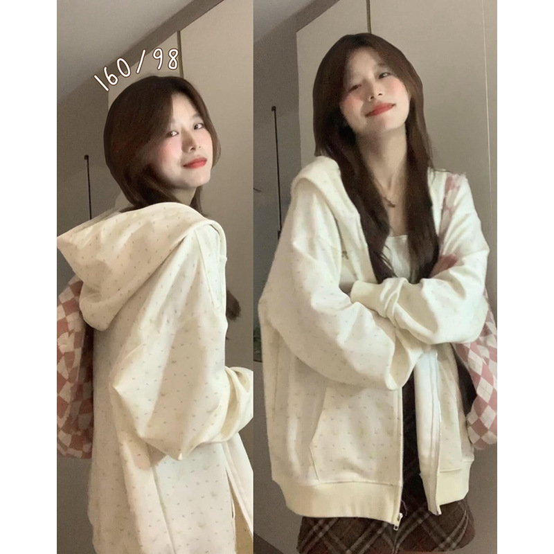White Hooded Sweatshirt Jacket for Women Early Autumn Floral Bow Top Loose Lazy Style Big Hat Zipper Cardigan White Hooded Sweatshirt Jacket for Women Early Autumn Floral Bow Top Loose Lazy Style Big Hat Zipper Cardigan