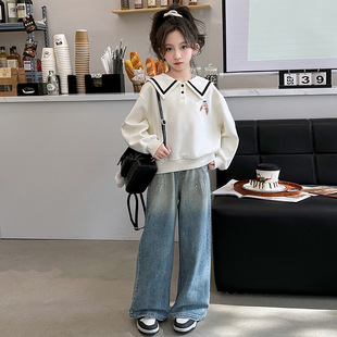 Girls' Spring and Autumn suit 2025 New Girls' Western Style Children's Clothing Navy Collar Sweatshirt Wide Leg Pants Children's Two-Piece Set