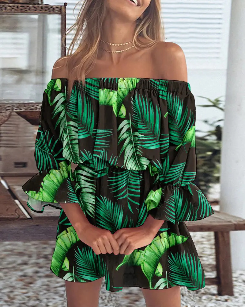 Women's A-line Skirt Fashion Boat Neck Printing Patchwork Half Sleeve Plant Midi Dress Daily display picture 13