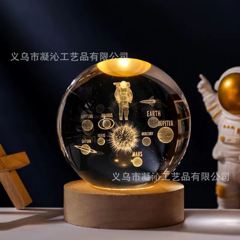 クロスボーダー発光台座3d内彫刻水晶玉銀河太陽創意デスクトップ置物ガラス水晶玉小夜灯|undefined