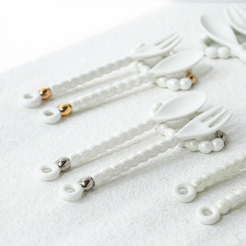 【珍珠系列】歐式輕奢珍珠純陶瓷叉勺禮品套裝 蛋糕叉咖啡攪拌勺