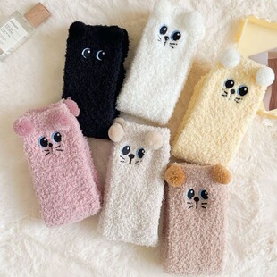 Cross-border socks women's coral fleece kitten embroidery series women's socks three-dimensional autumn and winter half velvet thickened warm socks