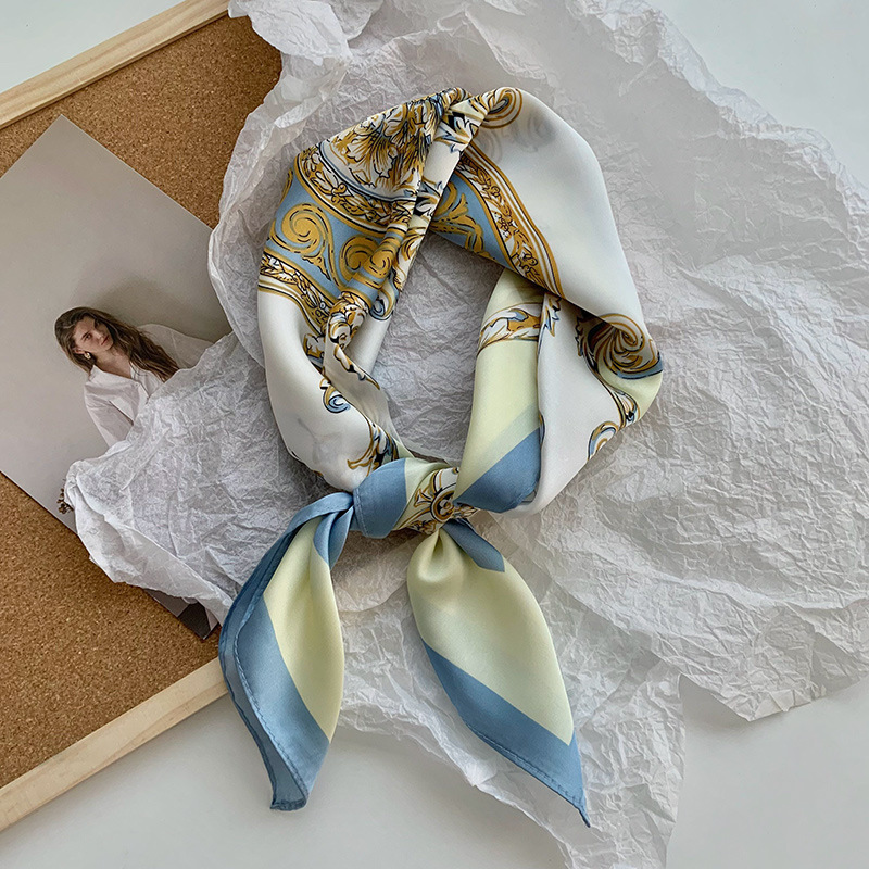 Bufanda de seda, bufanda cuadrada pequeña, sensación premium, nuevo estilo coreano, chal de seda de imitación dulce y fresco, bolso de flores, pañuelo en la cabeza, cinturón para el cabello