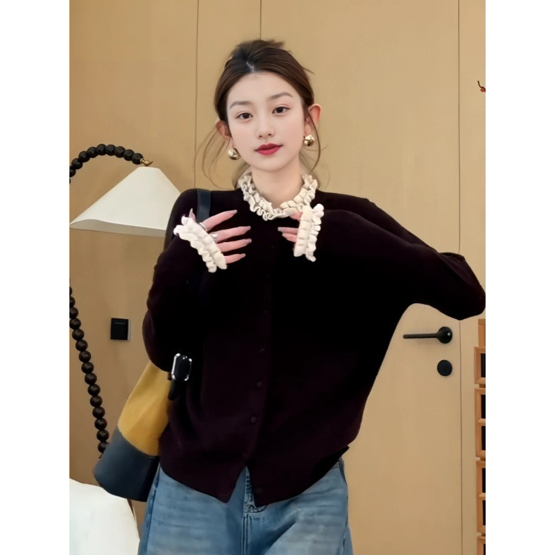 韩系慵懒风长袖针织开衫女2025秋季新款设计感木耳边拼接修身上衣|undefined