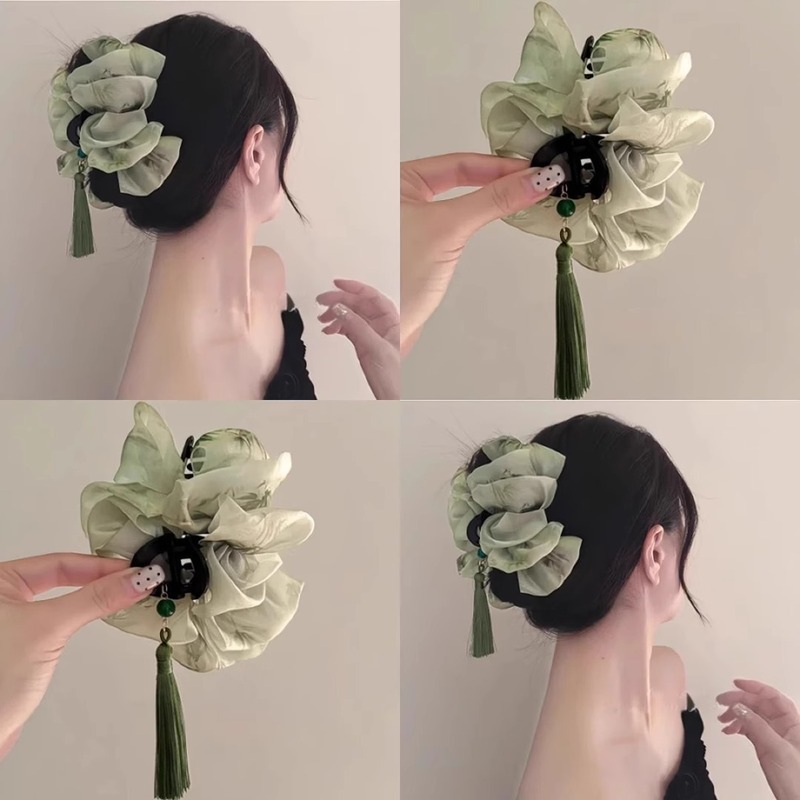 レトロな蝶結び雲タッセルメッシュクリップ女性のための 2025 新しいファッションサメクリップヘアアクセサリーヘアピン|undefined