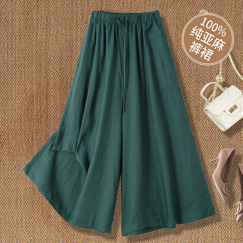 Capri Culottes 100% Pure Linen Large Size Culottes for Women and Mothers Elastic Waist Loose Linen Wide Leg Pants Summer