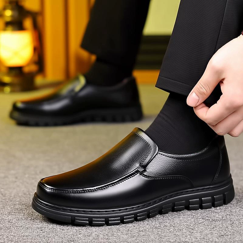 Кожаная обувь мужская зимняя теплая и бархатная утолщение среднего и пожилого возраста повседневная мужская обувь кожаная мягкая подошва пожилая хлопчатобумажная обувь