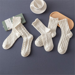 純色全棉襪子女中筒夏季薄款 可愛日系花邊長襪 白色諸暨襪子批發