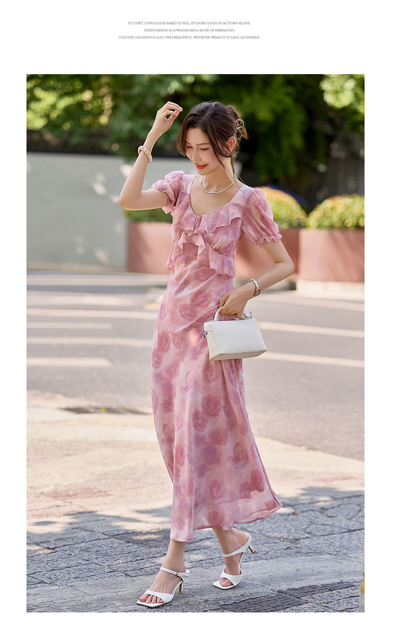 Đầm maxi nữ thắt eo in họa tiết hoa mùa hè tay ngắn — màu tím, Màu hồng chi tiết 18