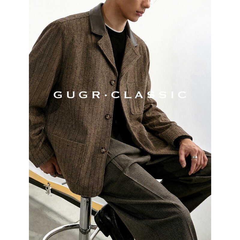 GUGR [50% Wool] British Vintage Old Money Style Notch Lapel Suit Jacket Men's Autumn New Outerwear