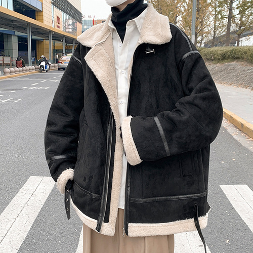 Suede cotton coat men's winter trend ins loose lapel thickened cotton coat trendy brand fur integrated motorcycle jacket