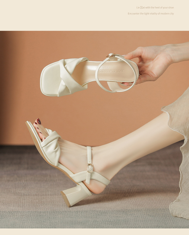 Sandal cao gót nữ quai ngang mũi vuông gót vuông kiểu Pháp — BL376 màu be chi tiết 13