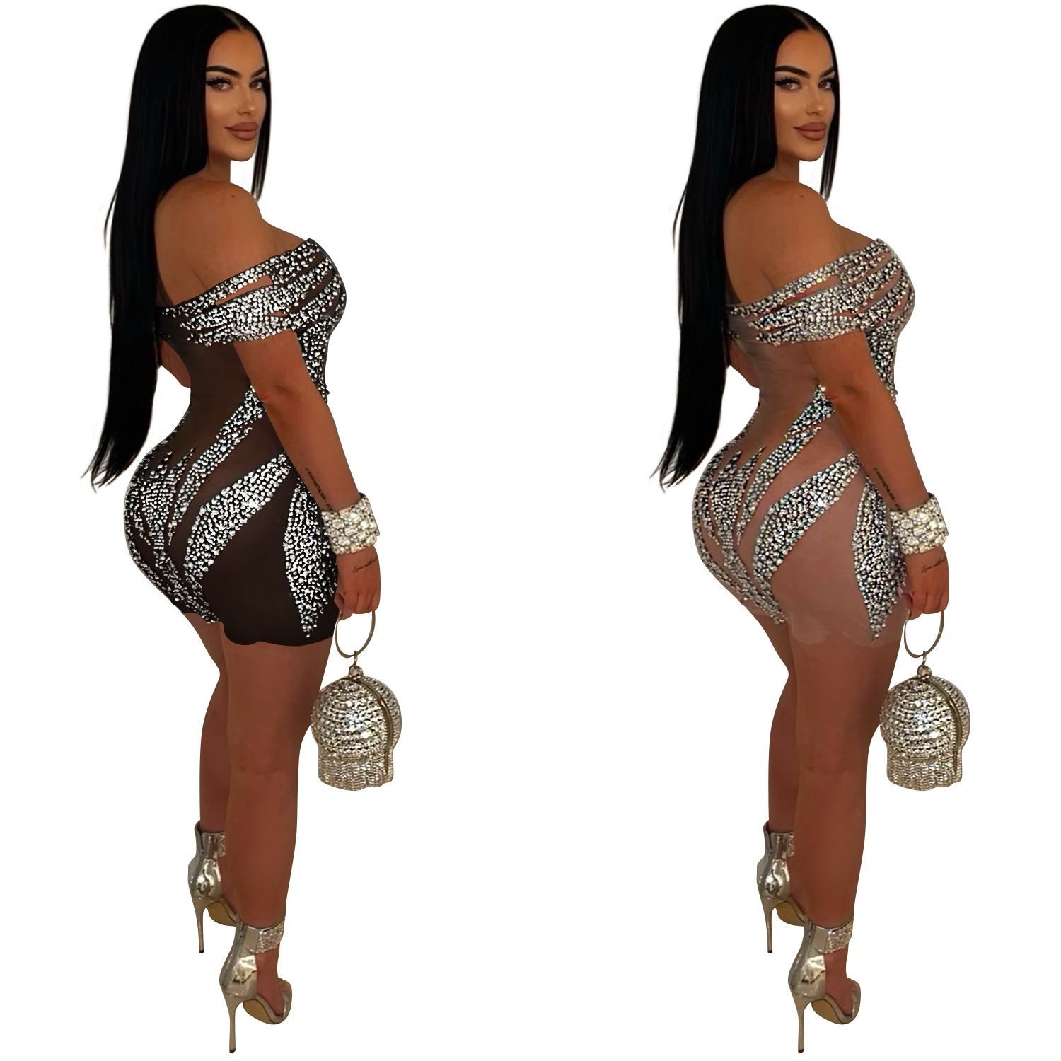 C6926 Aliexpress transfronterizo Amazon estación independiente de moda europea y americana ropa de mujer sexy perforación en perspectiva vestido corto