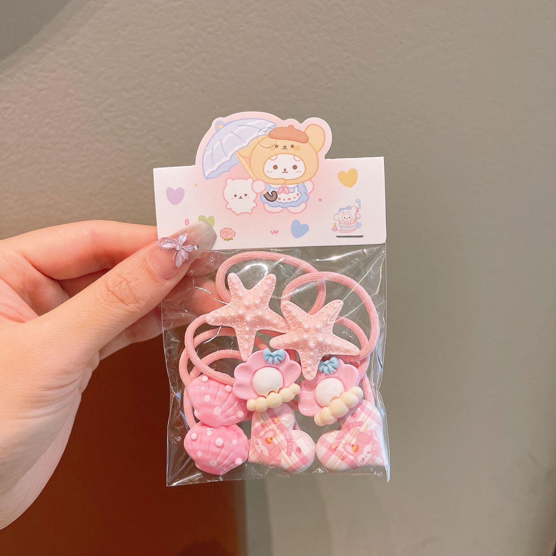 Anillo de cabello infantil encantador conchas de estrellas de mar niñas correa de goma resina amor cola de caballo niñas joyeros de cabello toque