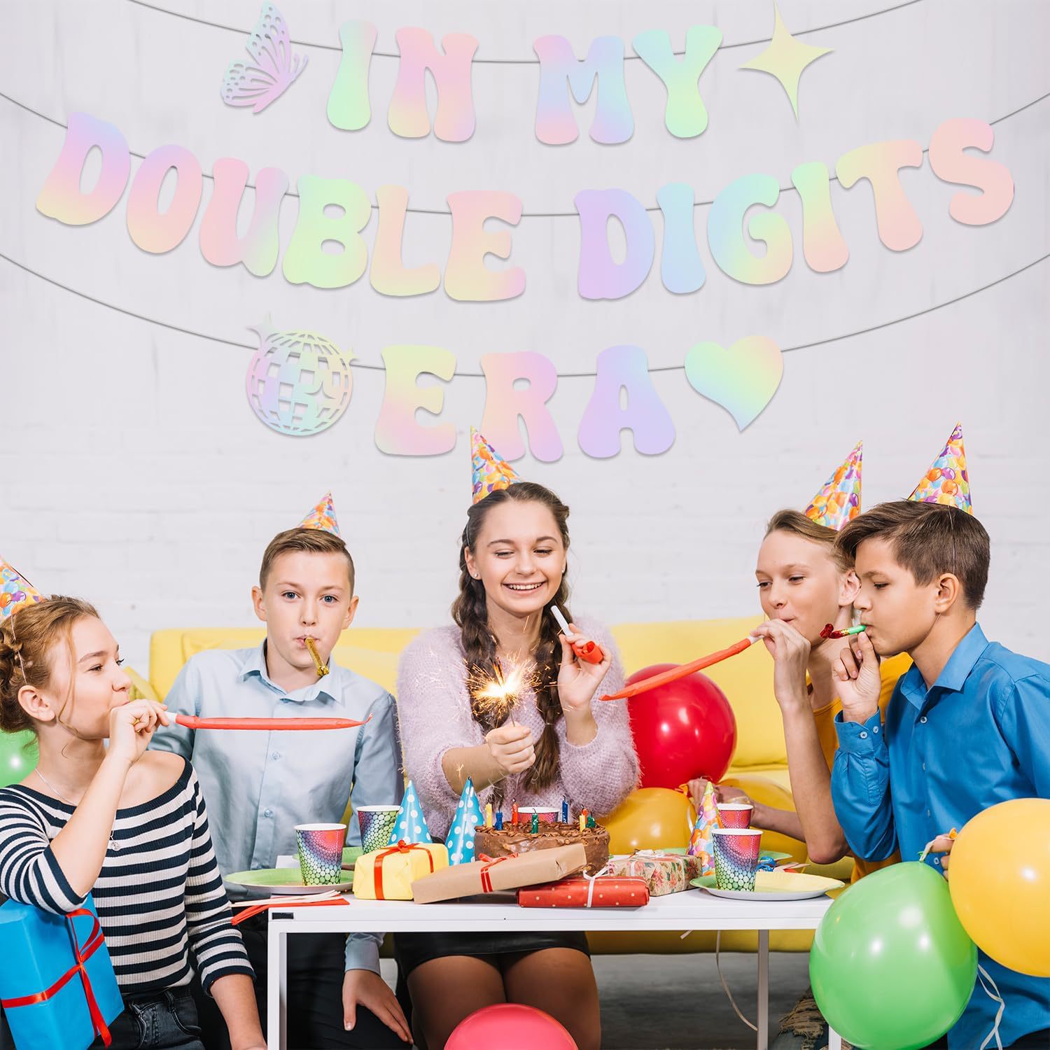 Cross-border In My Double Digits Era Bandera en polvo brillante fantasía colorida niña banner decoración de cumpleaños