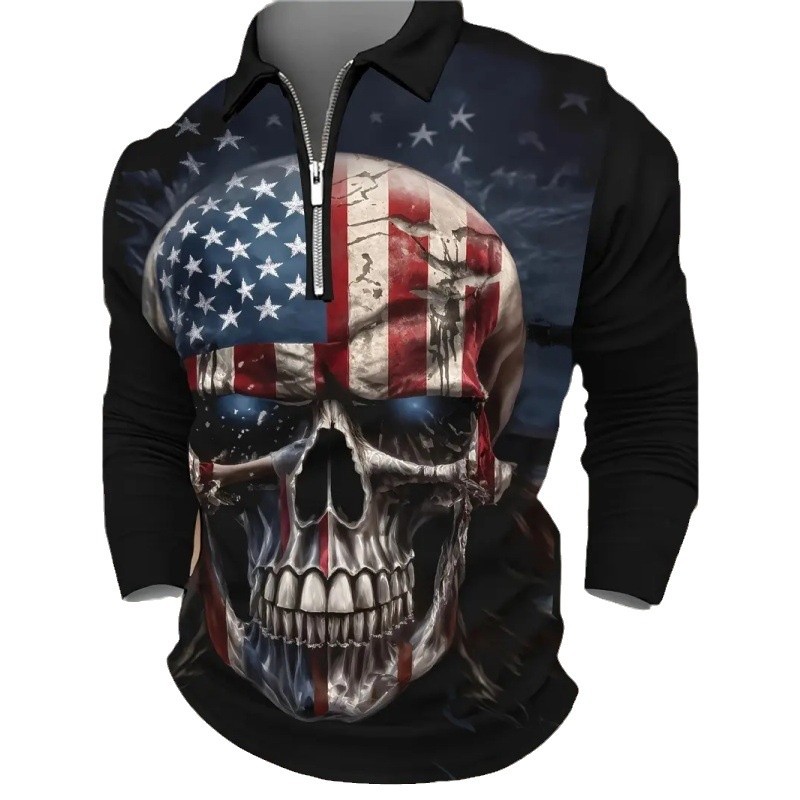 Clásico thriller belleza bandera calavera estampado 3D personalidad de la calle de los hombres manga larga transpirable suelta impresión 3D