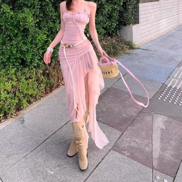 甜辣重工网纱拼接吊带连衣裙女2025夏季新款收腰显瘦不规则A字裙|undefined
