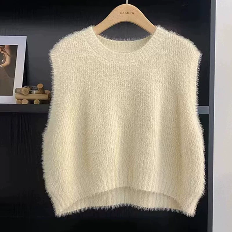 Однотонный ворсистый вязаный жилет без рукавов с круглым вырезом для женщин, ранняя осень, корейский дизайн, свободный утягивающий короткий топ