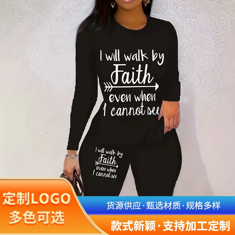 Женский костюм 2025 года: модный европейско-американский стиль, футболка с принтом и длинными рукавами + брюки, повседневный комплект из двух предметов