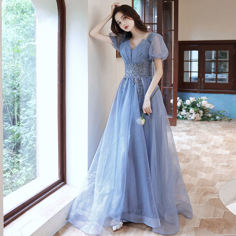 Blue Evening Dress for Women 2025 New Style French Long Annual Meeting Host Dress