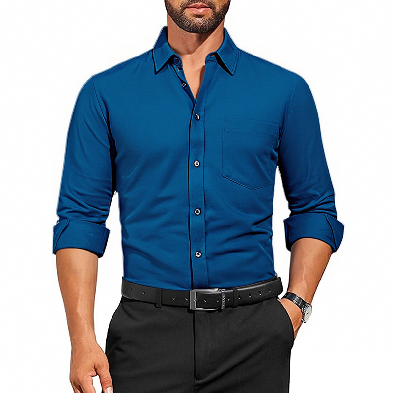 Camisa blanca de manga larga para hombre de primavera delgada de Amazon, transpirable elástico y antiarrugas, top profesional de negocios de color sólido para hombre