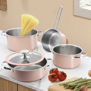 Double-Bottomed Milk Pot Set, 304 Stainless Steel Soup Pot, Baby Food Pot, Logo Four-Piece Set, Same Model as Supor, Holiday Gift