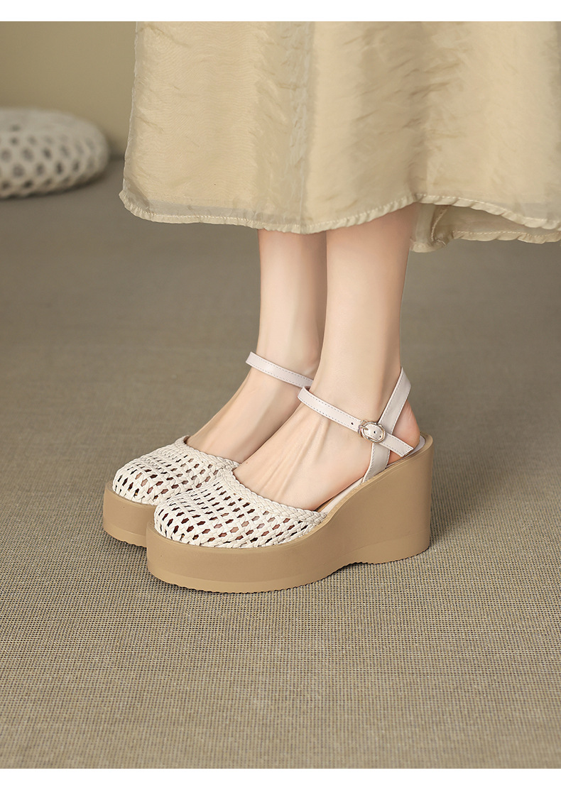 Sandal nữ da thật bít mũi đế xuồng cao gót 9 cm phong cách La Mã đan lưới — màu đen, màu trắng ngà chi tiết 13