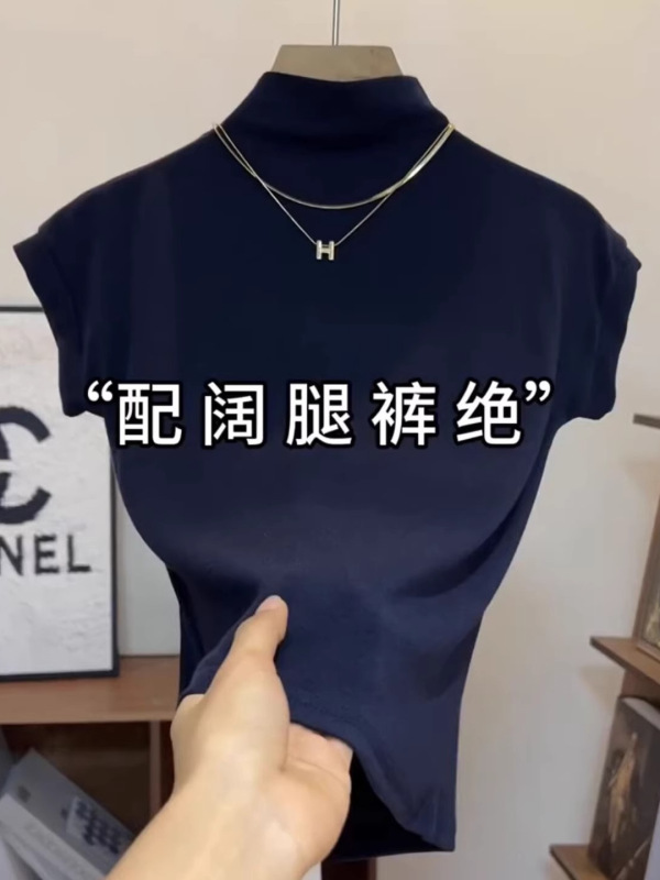 2025早秋新款小立领短袖t恤女时尚内搭飞飞袖打底衫短款洋气上衣|undefined