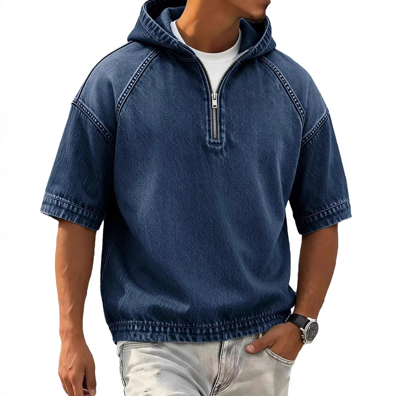 2026 Cross-Border European and American Spring/Summer Men's Retro Vintage Solid Color Loose Hoodie Sports Half-Zip Cotton Sweatshirt