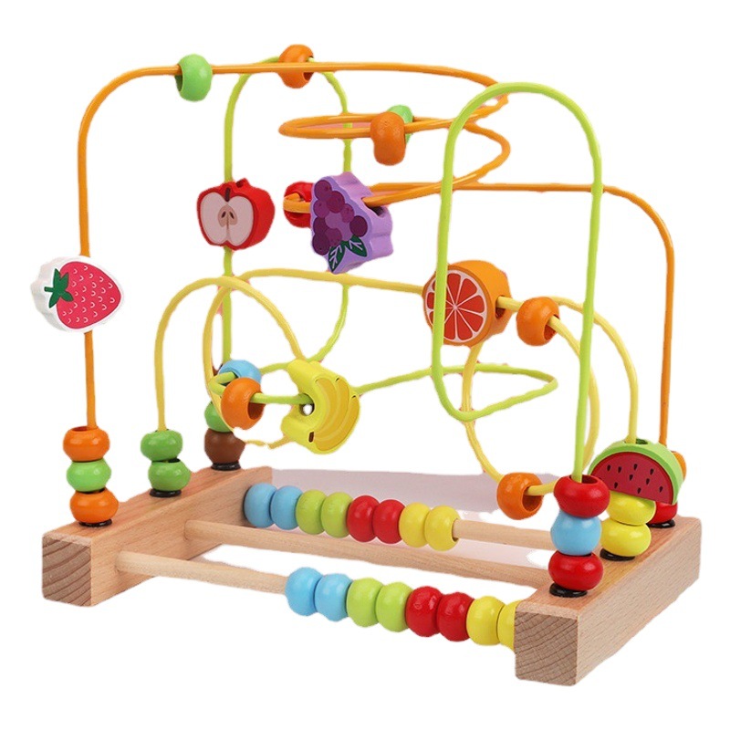 Collares de madera para niños, niños de 1 a 3 años, 2 animales de educación temprana, frutas beneficio, inteligencia mano-ojo, coordinación juguetes de bloque de construcción