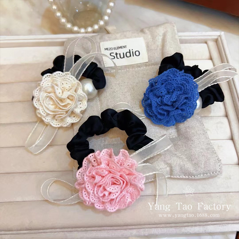 Perlas secas de encaje de algodón rosas de cola de caballo anillo de cabello de rosas de alta calidad toque de vacaciones