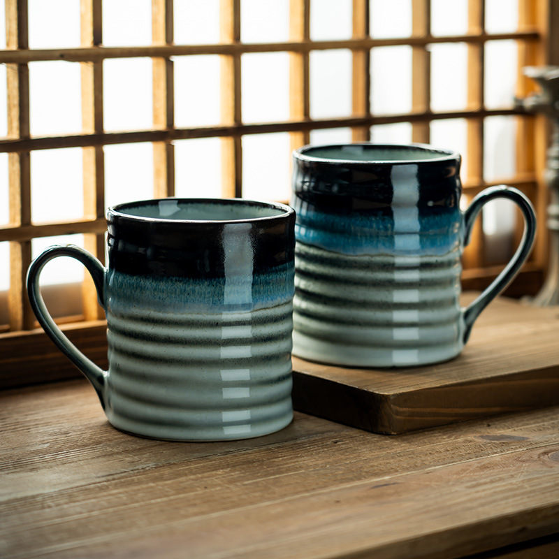 高颜值渐变窑变釉杯子复古陶瓷马克杯家用大容量浮雕咖啡杯牛奶杯